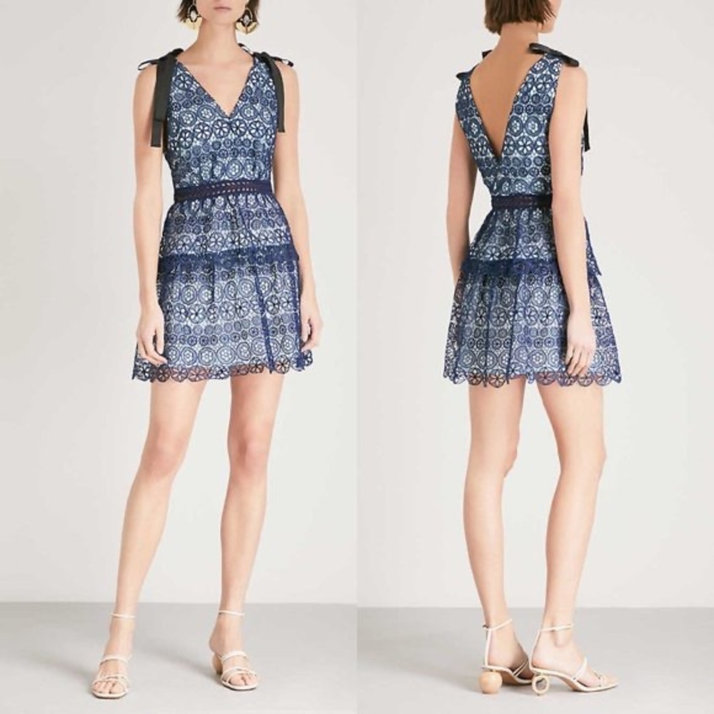 Self-Portrait Guipure Lace Bow Embellished Mini Dress Blue Size 4 New